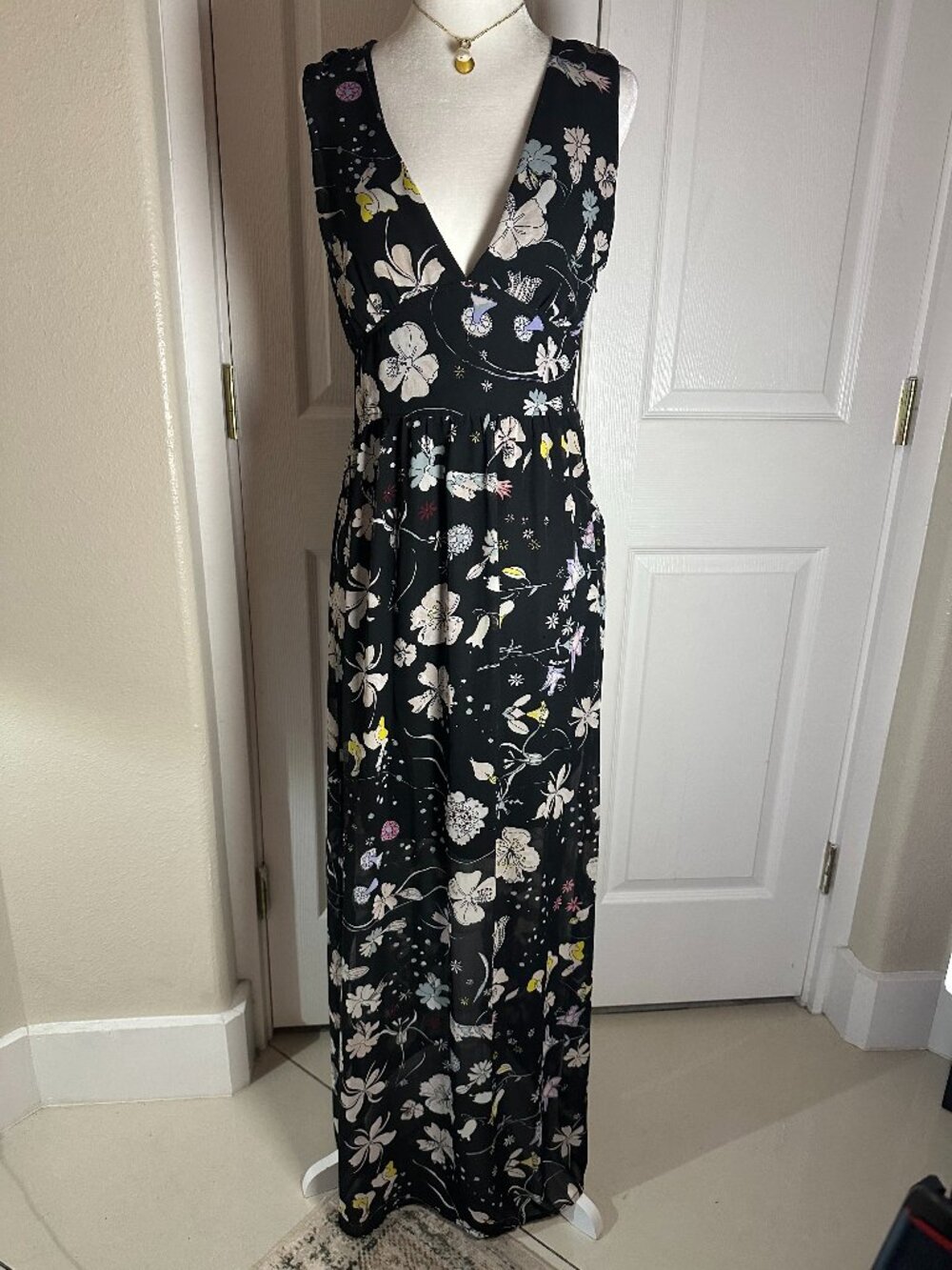 H&M Conscious Botanical Print Black Maxi Dress – Size 8